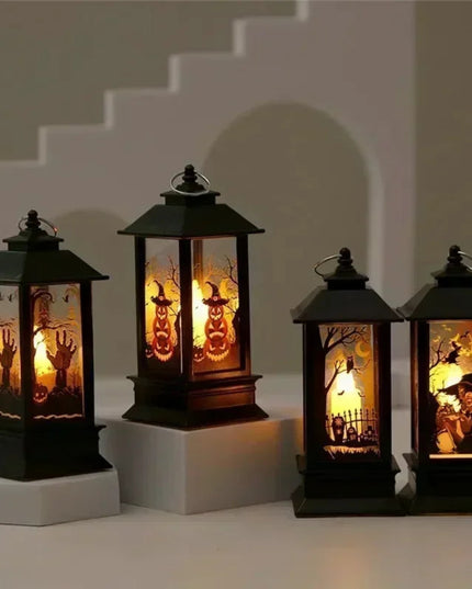 Mystical Halloween LED Lanterns Witch Castle Ghost Pumpkin Decor with Dangling Candle Lights Perfect Gift