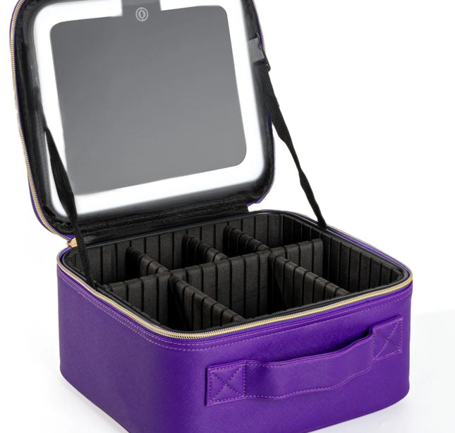 Makeup Bag With Mirror lamp,Travel Waterproof Necessary Beauty Brush Embroidery Tool Storage Cosmetic Case Portable Makeup Box