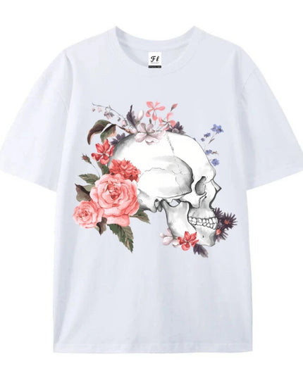 Skull And Flower Summer Print T-shirt Cotton Graphic Tees Y2k Street Wear Men Clothing New Cartoon Short Sleeve