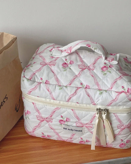 Cute Bow Flower Quilting Cotton Makeup Bag Women Zipper Cosmetic Organizer Female Cloth Handbag Portable Toiletry Case for Girls