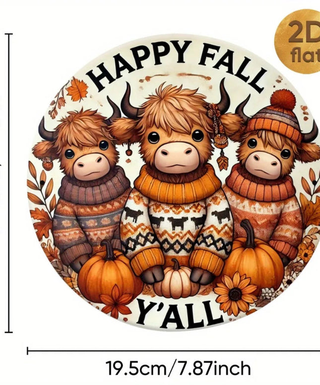 Vintage "Happy Fall Y'All" Highland Cow Wreath Sign - 1pc 7.87x7.87" 2D Flat Round Iron Wall Art, Decor for Bar Cafe Porch Home
