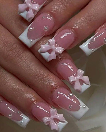 24Pcs Pink French Style Fake Nails 3D Bowknot Designs Short Square Press on Nails Sweet Korean Fashion False Nail for Women Girl