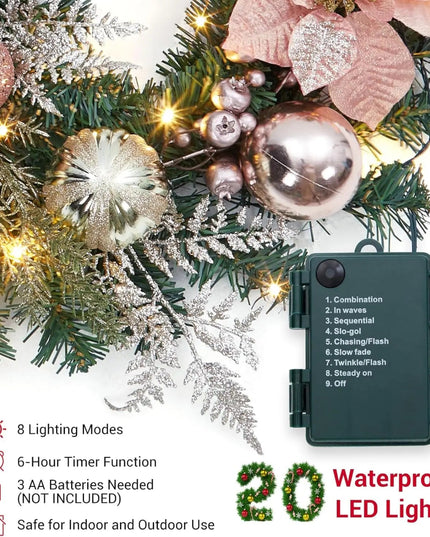 Christmas Garland with Lights, 6ft Pre Lit Outdoor Xmas Garland with Timer 20 LED Lights Pinecones Rose Gold Ball Ornaments