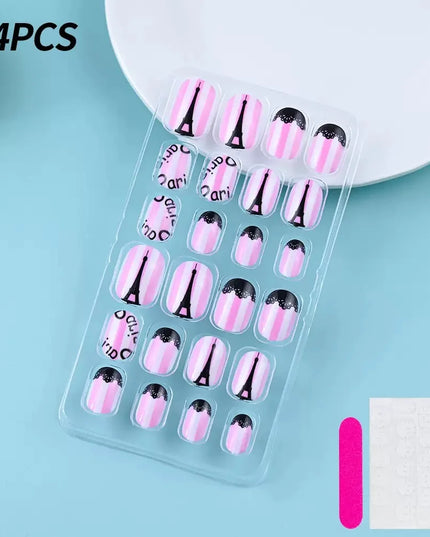 24Pcs Kids Press on Nails Children Fake Nails Girls Full Cover Short False Fingernails for Kids Design Decoration Lovely Pattern