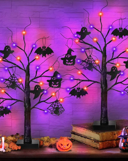 Halloween Decorations Indoor 2 Pack 24 Inch Black Halloween Tree with 24 LED Orange Purple Lights, USB/Battery Operated Hallowee