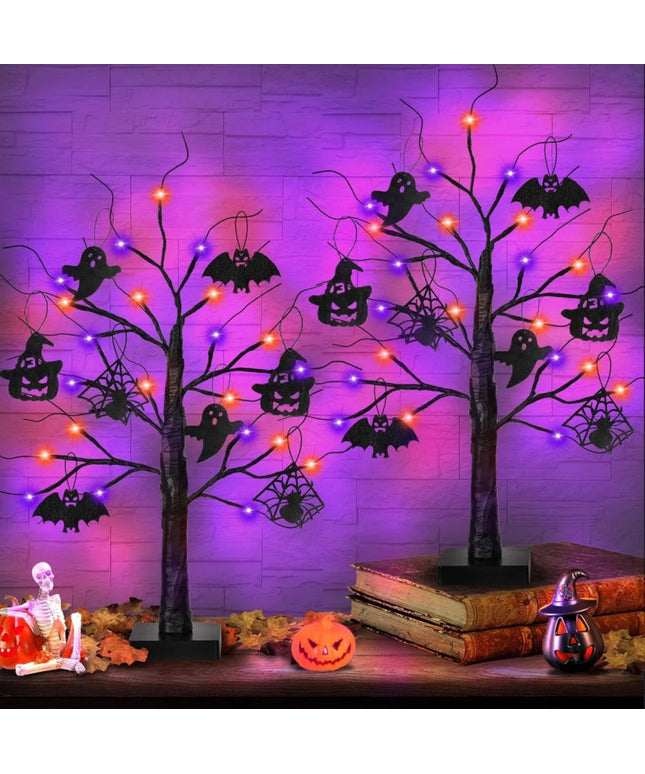 Halloween Decorations Indoor 2 Pack 24 Inch Black Halloween Tree with 24 LED Orange Purple Lights, USB/Battery Operated Hallowee