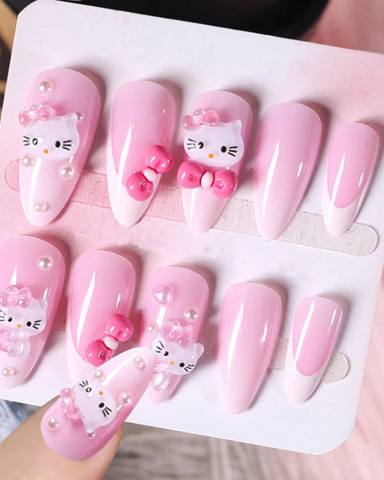 24Pcs Pink French Leopard Hello Kitty False nails 3D Y2k Star Heart Kitty Cat Rhinestones Press On Nails Cute Cartoon Fake Nails