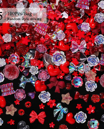 100/200pcs 3D Mixed Nail Decorations Kawaii Heart Flower Bear Pearl Design Rhinestone Nail Art Charms Jewelry Manicure Accessory