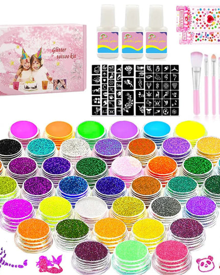 12 Color Temporary Glitter Tattoo Kit for Kid with 24 Stencils Adults Girls Boys Arts Glitter Make Up Kit Beautiful Holiday Gift
