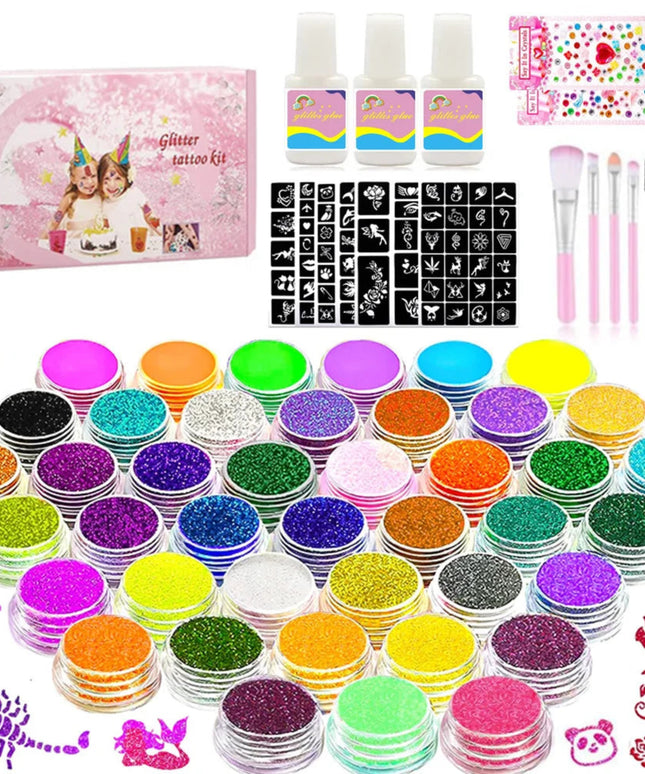 12 Color Temporary Glitter Tattoo Kit for Kid with 24 Stencils Adults Girls Boys Arts Glitter Make Up Kit Beautiful Holiday Gift
