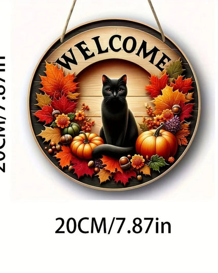 1pc 20cm Round Autumn Welcome Sign, Black Cat & Pumpkin Design, Fall - Themed Hanging Decor for Home Entrance