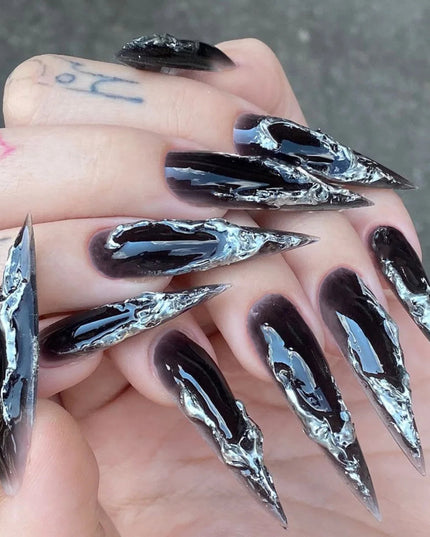 24Pcs Horror Comic Tomie Press on Nails Almond Glossy Black Japanese Anime Nails Reusable Halloween False Nail Tips for Girls
