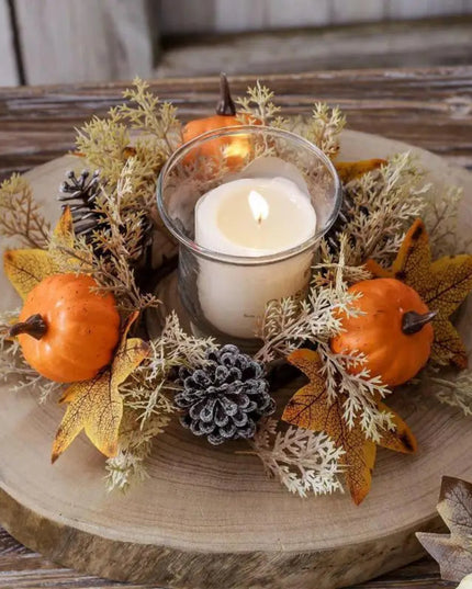 Fall Candle Ring 9.8Inch Maple Leaves Harvest Day Wreath Ring Holder Small Wreath Pillar Candle Holder Farmhouse Wreath Festival