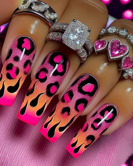 Medium long fake nails for women girls Y2K colorful gradient leopard print Pink green coffee coffin tips press on false nail set