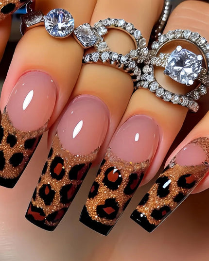 Medium long fake nails for women girls Y2K colorful gradient leopard print Pink green coffee coffin tips press on false nail set