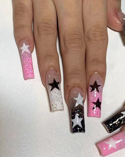 24pcs Y2k Summer Sea Blue Gradient Fake Nails With Water Ripples Designs Long Square Coffin False Nails Set Press On Nail Tips
