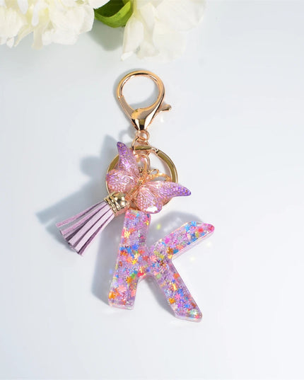 A-Z Dreamy Sequin Letters Keychain for Women Tassel Butterfly Pendant Initial Keyring Purse Suspension Bags Charms Car Key Chain