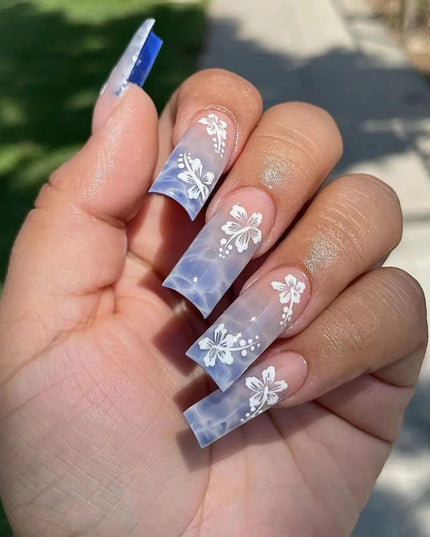 24pcs Y2k Summer Sea Blue Gradient Fake Nails With Water Ripples Designs Long Square Coffin False Nails Set Press On Nail Tips