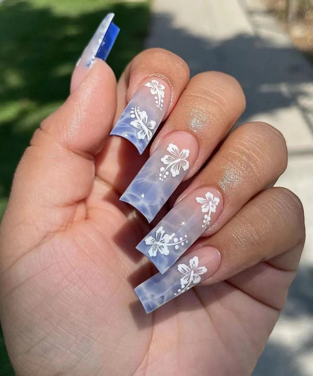 24pcs Y2k Summer Sea Blue Gradient Fake Nails With Water Ripples Designs Long Square Coffin False Nails Set Press On Nail Tips