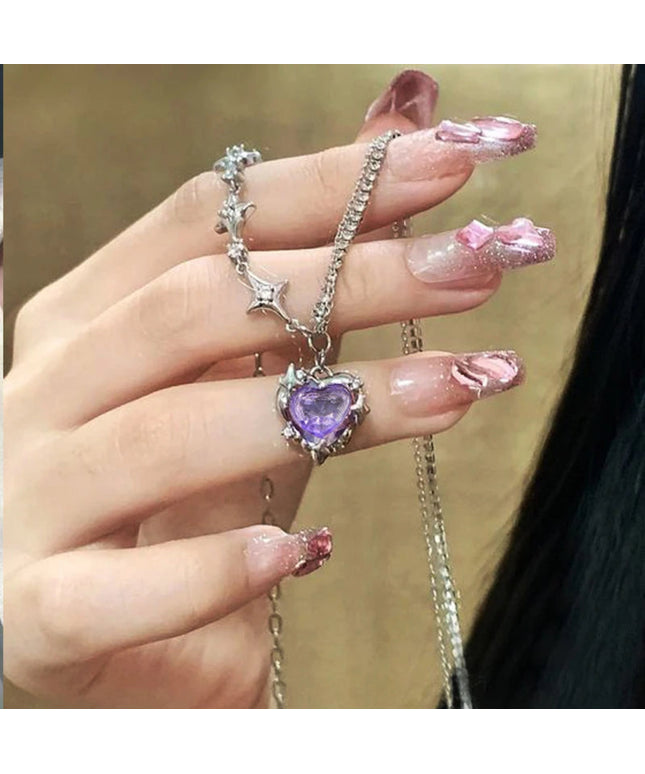 Y2K Purple Crystal Heart Pendant Necklace Women Sweet Cool Girl Punk Clavicle Chain Fashion Aesthetic Necklace Jewelry Gift 2023