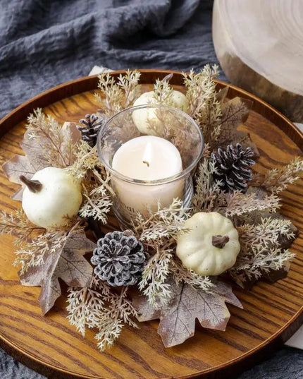 Fall Candle Ring 9.8Inch Maple Leaves Harvest Day Wreath Ring Holder Small Wreath Pillar Candle Holder Farmhouse Wreath Festival