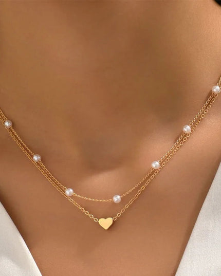FTCY 3pcs Women's Pearl Necklace Set 14K Gold Fashion Love Heart Pendant Waterproof Hypoallergenic Collarbone Neck Chain Jewelry