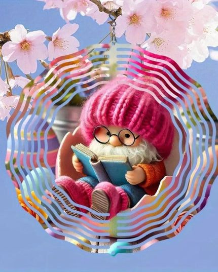 1PC Easter Gnome Reading Wind Chime | 2D Kinetic Metal Art with Pine Cones for Wall| Whimsical Halloween & Christmas Gift