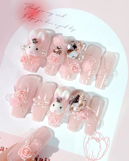 24Pcs Pink French Leopard Hello Kitty False nails 3D Y2k Star Heart Kitty Cat Rhinestones Press On Nails Cute Cartoon Fake Nails