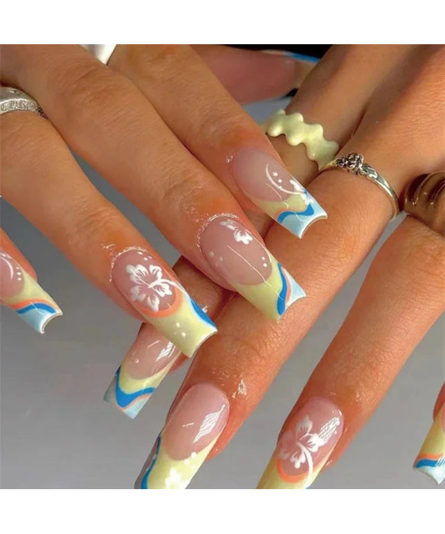 24Pcs/Set Acrylic Long Ballet Press on Nail Tips Coffin Wearing Reusable False Nails Art Colorful Glossy Fake Nails Artificial