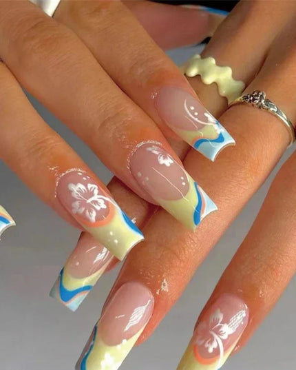 24Pcs/Set Acrylic Long Ballet Press on Nail Tips Coffin Wearing Reusable False Nails Art Colorful Glossy Fake Nails Artificial