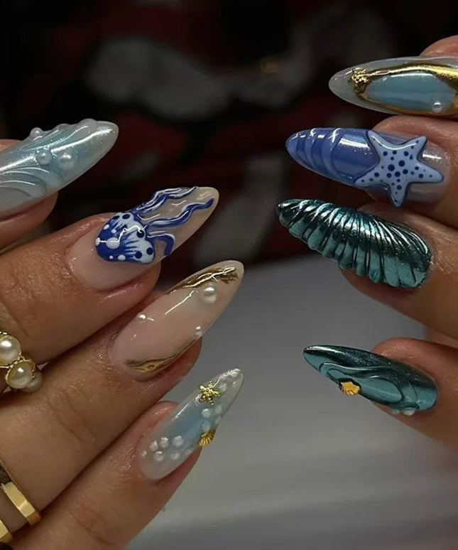 24pcs Almond False Nails Tips Summer Beach Colorful Nails Sets with Pearl Flower Design Press on Nails Art Wearable Fake Nail
