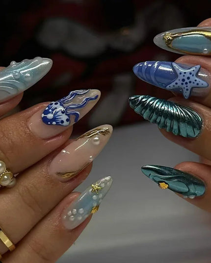 24pcs Almond False Nails Tips Summer Beach Colorful Nails Sets with Pearl Flower Design Press on Nails Art Wearable Fake Nail