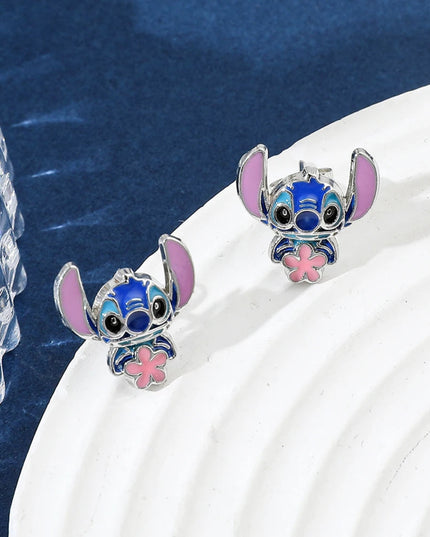 Disney-Cute Cartoon Stitch with Flower Stud Earrings for Women and Teen Girls, Lovely Ear Accessories, Jewelry Gifts for Fans