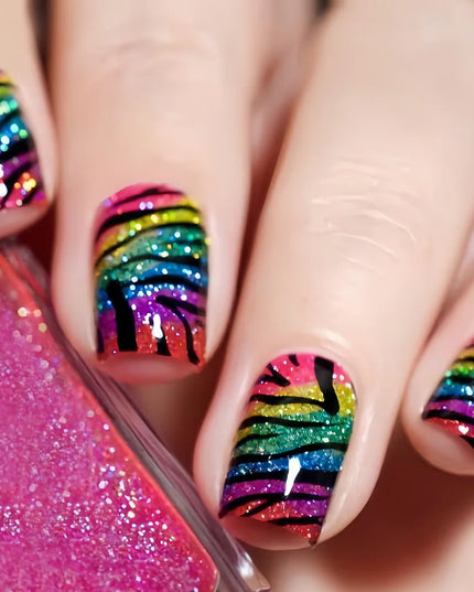 Medium long fake nails for women girls Y2K colorful gradient leopard print Pink green coffee coffin tips press on false nail set