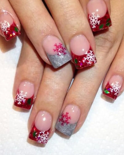 24Pcs Christmas Snowflake Press On Nails Short Square French Tip Glitter Design Fake Nails Full Cover Stick On Winter Holiday F