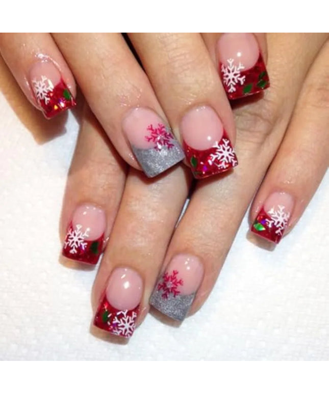 24Pcs Christmas Snowflake Press On Nails Short Square French Tip Glitter Design Fake Nails Full Cover Stick On Winter Holiday F