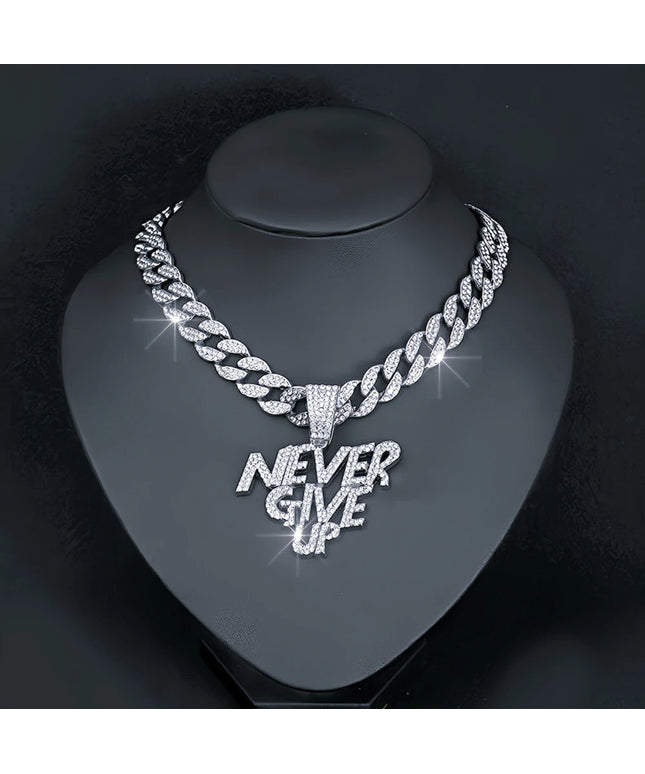 Hip Hop Men Women NEVER GIVE UP Letter Pendant Necklace Iced Out Bling Crystal 13mm Cuban Link Chain Necklaces Rock Jewelry Gift