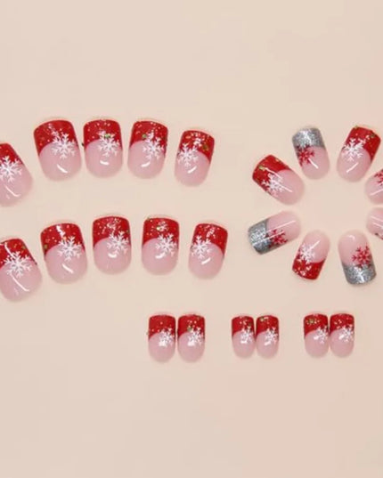 24Pcs Christmas Snowflake Press On Nails Short Square French Tip Glitter Design Fake Nails Full Cover Stick On Winter Holiday F