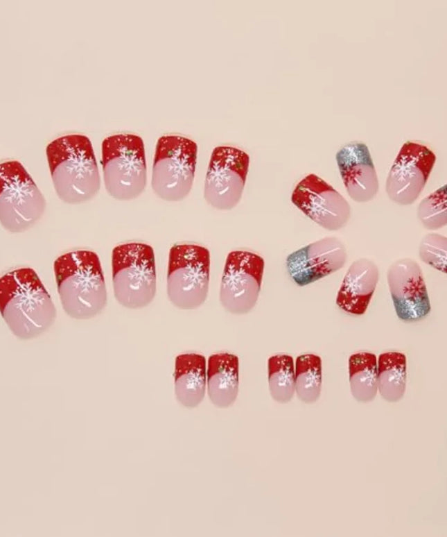 24Pcs Christmas Snowflake Press On Nails Short Square French Tip Glitter Design Fake Nails Full Cover Stick On Winter Holiday F
