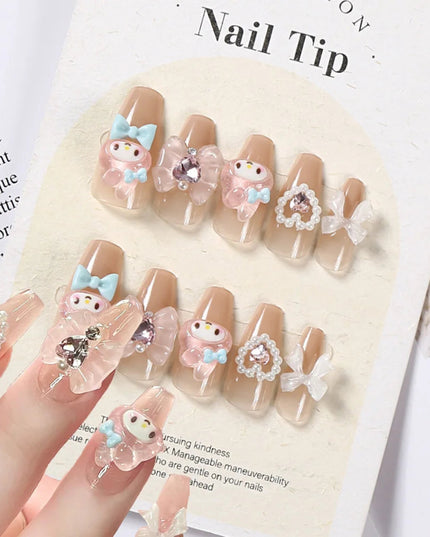 24Pcs Pink French Leopard Hello Kitty False nails 3D Y2k Star Heart Kitty Cat Rhinestones Press On Nails Cute Cartoon Fake Nails