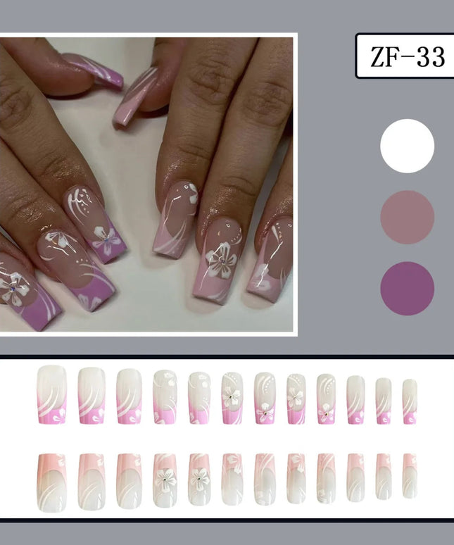 24pcs European Long Coffin Press On Nails Color Flower Leopard Print Fake Nail Tips for Women Wearable False Nails Patches