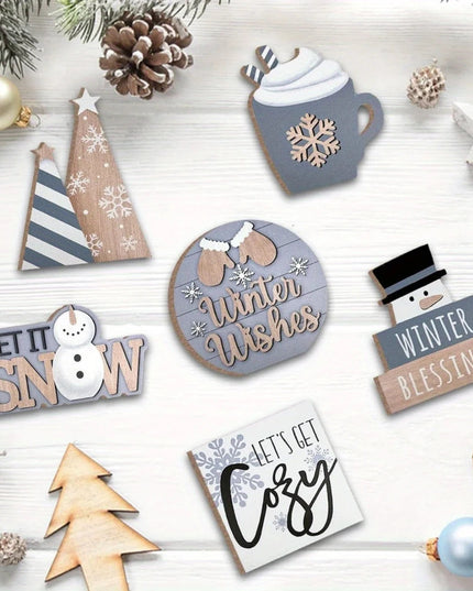 6pcs/set Snowman Christmas Tiered Tray Set Wooden Decoration Set Farmhouse Christmas Decor Bell Coffee Cup Snowflake Wooden Sign