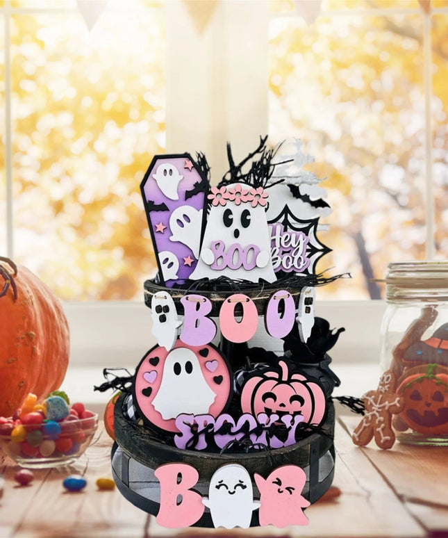 Halloween Party Decor Set with 14pcs Cute Ghost Pumpkin Wooden Signs Ornaments for Home Table Tiered Tray Supplies