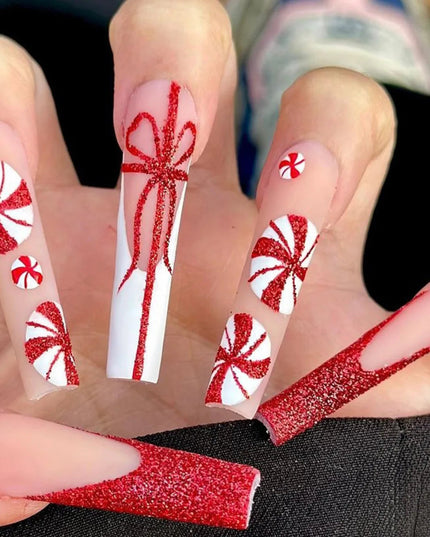 Scary Blood Skull Fake Nails Long Coffin Ballet Halloween Style False Nails 24pcs Wearable Press on Nail tips for Halloween Gift