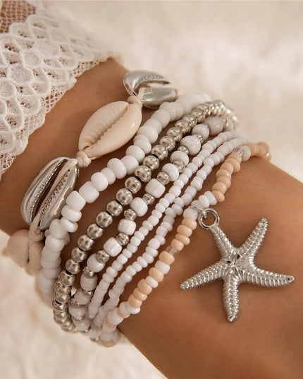 7Pcs Bohemian Shell Bracelet Set For Women Starfish Charm Rice Beads Wristband Bangle Girls Summer Beach Jewelry Accessories