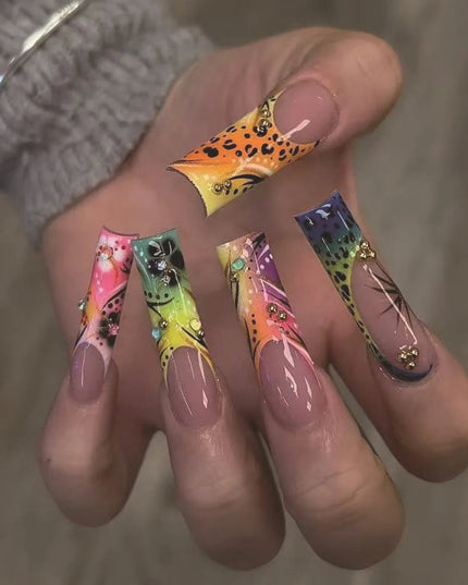 24pcs European Long Coffin Press On Nails Color Flower Leopard Print Fake Nail Tips for Women Wearable False Nails Patches