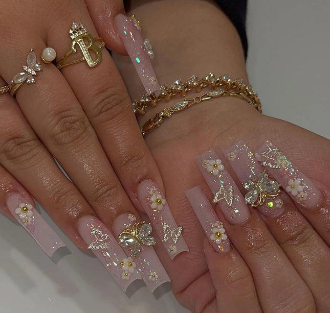 Rhinestone Embellished White Fake Nails Long Square UV Gel Cool Color Nails for Dance Parties Weekend Trips Parties