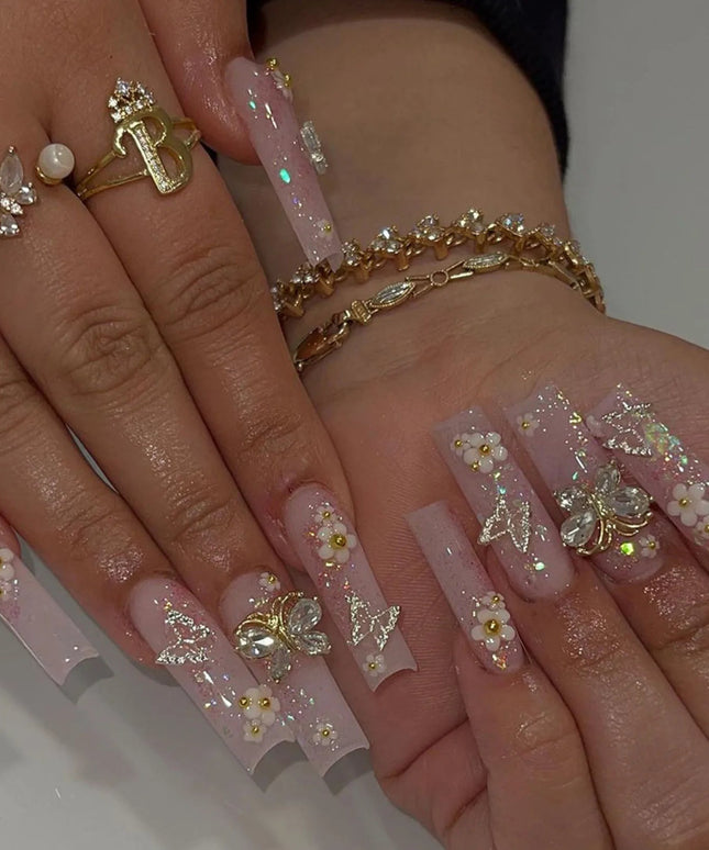 Rhinestone Embellished White Fake Nails Long Square UV Gel Cool Color Nails for Dance Parties Weekend Trips Parties