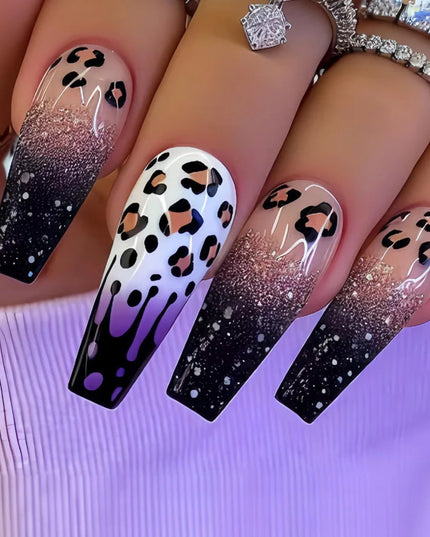 Medium long fake nails for women girls Y2K colorful gradient leopard print Pink green coffee coffin tips press on false nail set