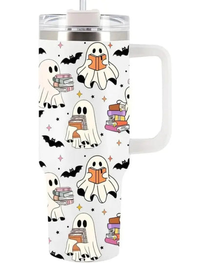 Ghost Reading Tumbler 40Oz With Handle - Halloween Kitchen Decor, Book Reader Gift For Friend,Gift For Mom, Dad, Sister